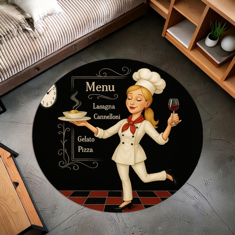 Home Cooking Menu - Blonderer runder Koch-Küchenteppich, Kochmatte im Retro-Menü-Design