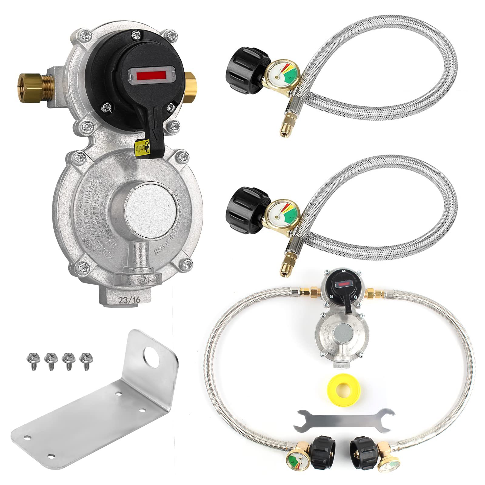 Home Cooking Gas - 2-stufiger automatischer Umschalt-LPG-Gasregler mit 18-Zoll-Pigtail-Schläuchen, Manometer